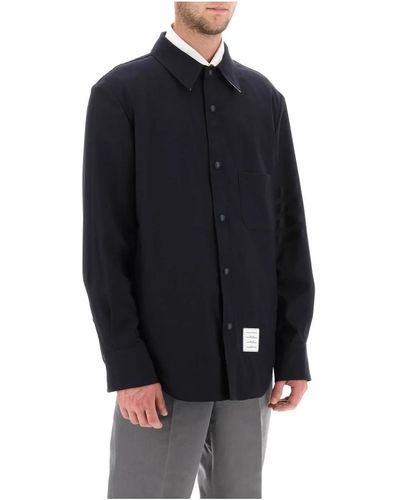 Thom Browne Camicia in lana leggera con motivo a 4 barre e colletto classico - Nero