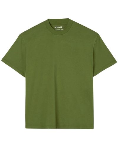 Sunnei Magliette verde militare in cotone con trasferimenti per stiro