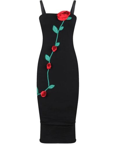 Dolce & Gabbana Rose Applique Midi Kleid - Schwarz