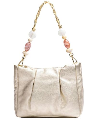 Unisa Kleine handtasche aus metallic-leder mit farbigen griffen und abnehmbarem schultergurt - Natur