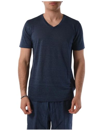120% Lino V-ausschnitt casual t-shirt für männer - Blau