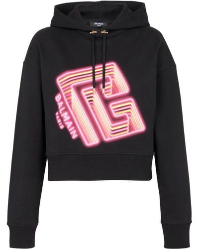 Balmain Cropped hoodie with neon printed labyrinth logo - Rojo