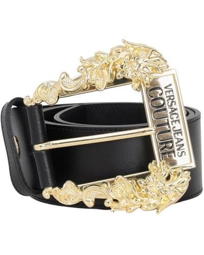 Versace Cinturón de cuero negro con hebilla barroca para mujer - Metálico