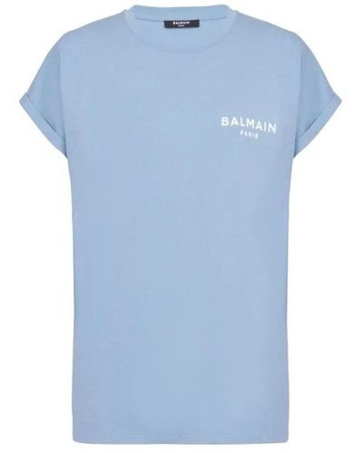 Balmain T-Shirt aus Baumwolle im Öko-Design mit kleinem beflocktem -Logo - Blau