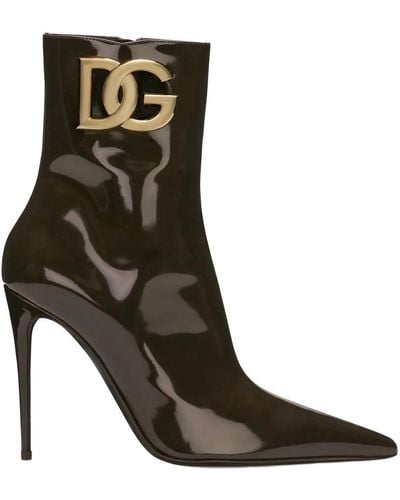 Dolce & Gabbana Braune lackleder stiefeletten mit logo - Schwarz