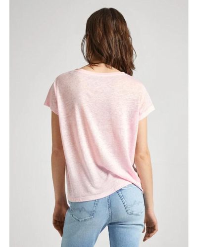 Pepe Jeans Camiseta rosa de lino con escote en v