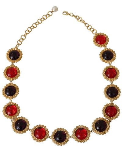 Dolce & Gabbana Crystal floral chain statement brass necklace - Rouge