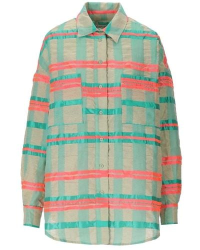 Essentiel Antwerp Pinkes Karo-Overshirt mit Knittereffekt - Grün