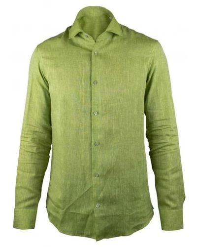 Moorer Camicia verde in lino con maniche lunghe