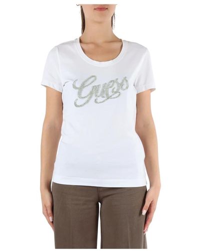 Guess T-shirt slim fit in cotone stretch con logo in strass e perline - Bianco