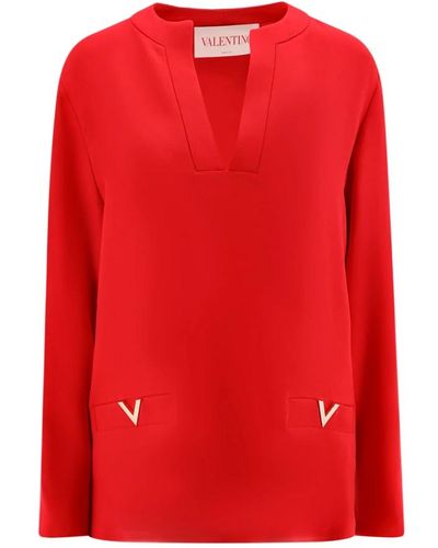 Valentino Rotes seiden v-ausschnitt shirt aw24