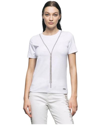 Gaelle Paris Damen Baumwoll T-Shirt mit Strass-Accessoire - Weiß