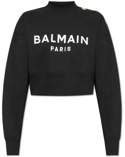Balmain Logo Organic Cotton Cropped Sweatshirt - Black