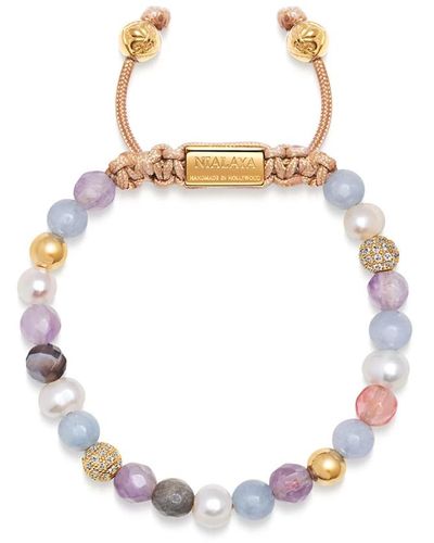 Nialaya `s beaded bracelet with aquamarine, amethyst lavender, cherry quartz, pearls and botswana agate - Mettallic