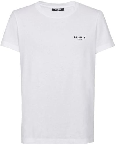 Balmain Eco-designed Cotton T-shirt With Small Flocked Paris Logo - White