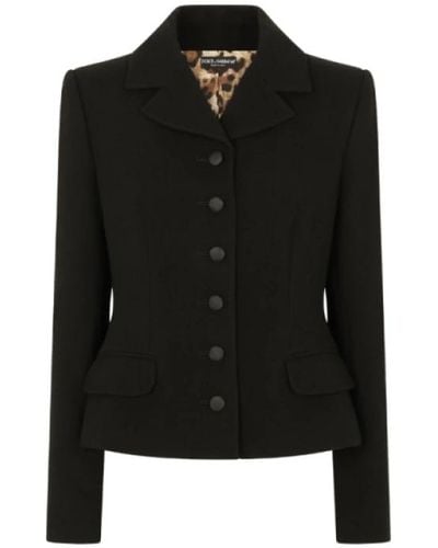 Dolce & Gabbana Chaqueta de lana negra con cierre de botón simple e interior de leopardo - Negro