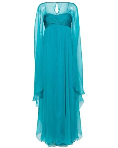 Alberta Ferretti Vestido de chifón de seda turquesa con estola en los hombros - Azul