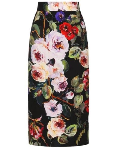 Dolce & Gabbana Falda lápiz de seda negra estampado floral - Multicolor