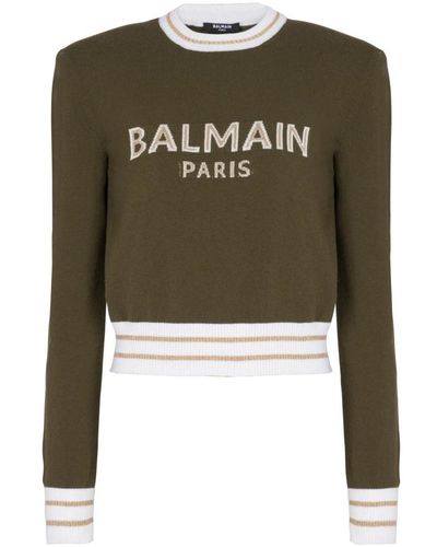 Balmain Cropped wool jumper with logo,sweatshirts - Grün