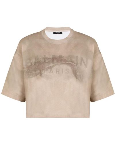 Balmain Öko-verantwortliches Crop-T-Shirt aus Baumwolle mit Logo-Print - Natur