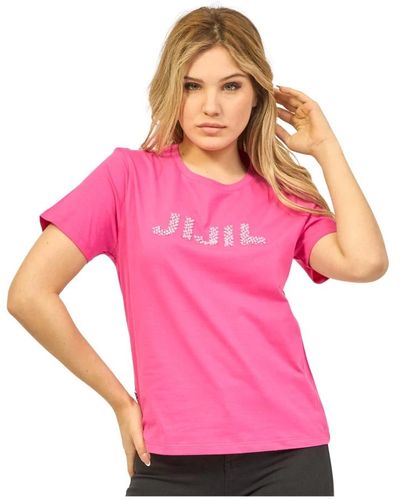 Jijil Camiseta de algodón fucsia con cuello redondo y logo de pedrería - Rosa