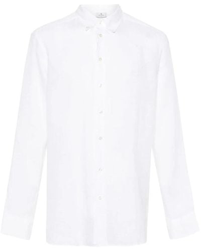 Etro Weiße leinen pegaso besticktes hemd