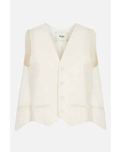 Fendi Cremefarbene tricotin-woll- und cupro-jacke mit v-ausschnitt - Weiß