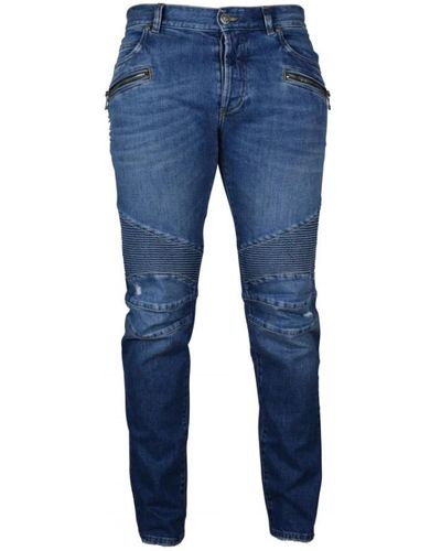 Balmain Jeans slim-fit blu con inserti a coste