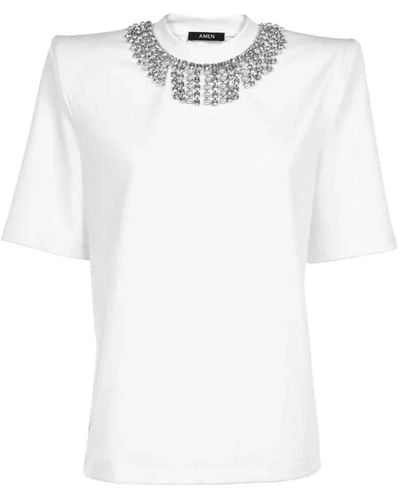 Amen Magliette girocollo a costine con effetto collana di cristalli e perline - Bianco
