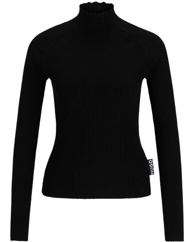 BOSS Pullover aus rippstrick mit hohem stehkragen - Schwarz