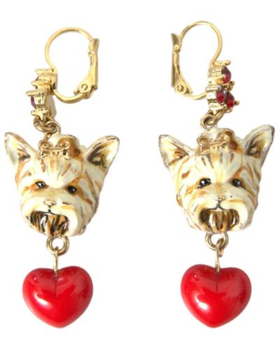 Dolce & Gabbana Brass Heart Dog Crystal Dangling Earrings - White