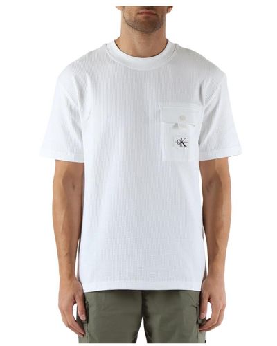 Calvin Klein Stretch-baumwoll-t-shirt mit fronttasche - Weiß