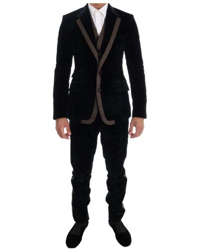 Dolce & Gabbana Slim 3-teiliger Anzug aus Samt mit zwei Knöpfen in Blau - Schwarz