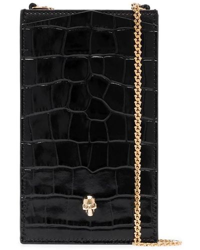 Alexander McQueen Krokodil-textur handybrieftasche,schwarzes geprägtes leder-handyhülle mit kette