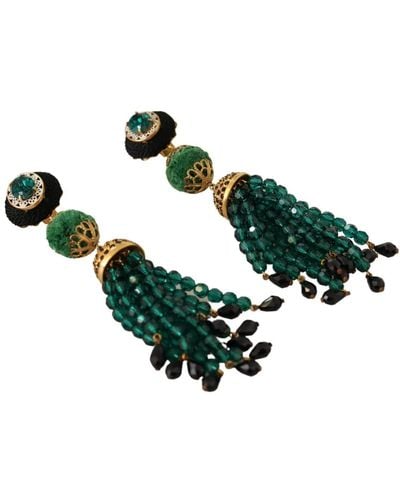 Dolce & Gabbana Green Crystals Gold Tone Drop Clip-on Dangle Earrings Viscose