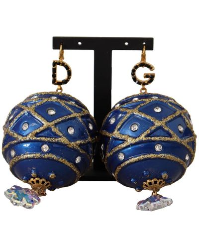 Dolce & Gabbana Goud Messing Blauwe Kerstbal Kristallen Clip Op Oorbellen