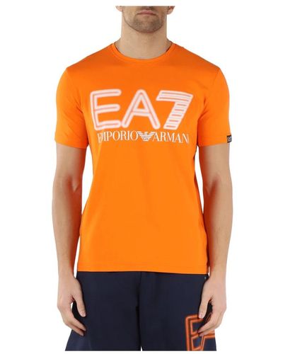 EA7 Stretch baumwoll t-shirt mit geprägtem logo-print - Orange