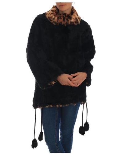 Dolce & Gabbana Cappotto corto in pelle di agnello nera con fodera a stampa leopardo - Nero