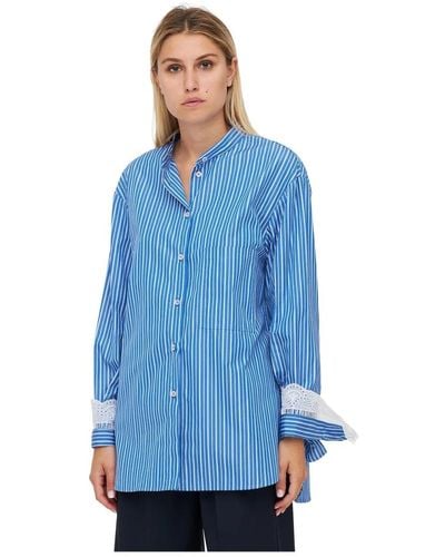 Erika Cavallini Semi Couture Camicia in cotone a righe con bordo in sangallo - Blu