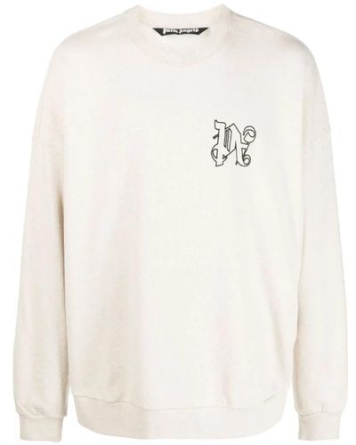 Palm Angels R baumwoll- und leinenpullover mit pa monogrammstickerei,monogram linen crewneck sweatshirt - Weiß