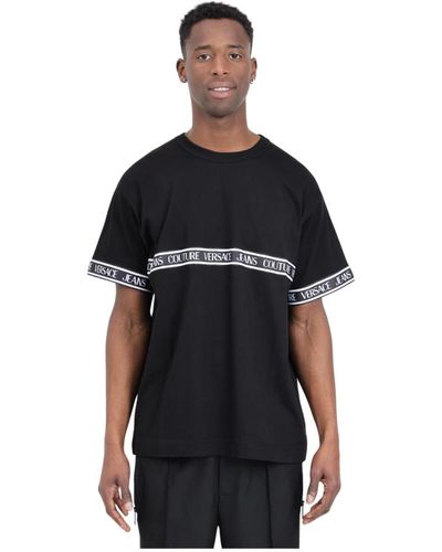 Versace Schwarzes geripptes baumwoll-rundhals-t-shirt,schwarze t-shirts und polos
