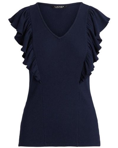 Ralph Lauren Blaues rüschen v-ausschnitt baumwoll t-shirt