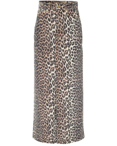 Ganni Falda larga con abertura estampado leopardo en denim - Gris