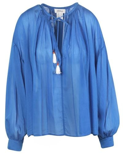 Ottod'Ame Bluse aus baumwolle und seide mit verstellbarem kragen und quasten - Blau