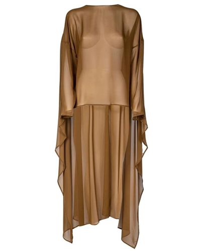 Erika Cavallini Semi Couture Transparente bluse mit langen ärmeln, asymmetrische länge - Braun