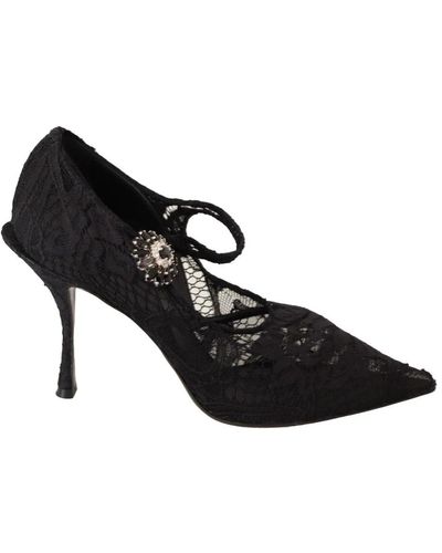 Dolce & Gabbana Black lace crystals heels mary jane pumps shoes - Nero