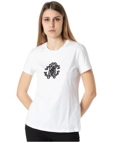 Roberto Cavalli T-shirt manica corta con logo cristalli -40 - Bianco