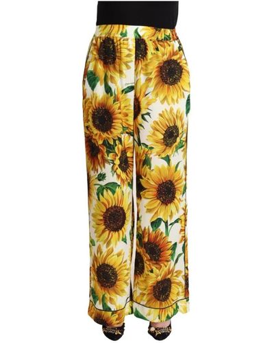 Dolce & Gabbana White sunflower print mid waist wide leg pants - Metallizzato