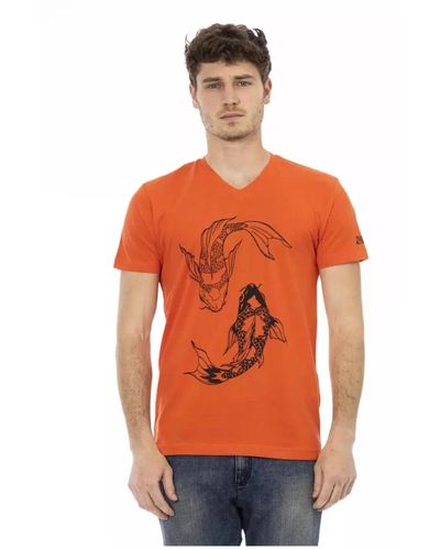 Trussardi Rotes baumwoll-t-shirt mit v-ausschnitt und frontdruck - Orange
