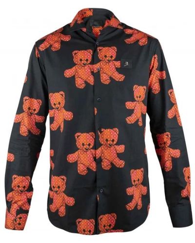 Philipp Plein Schwarzes baumwollhemd mit teddybär-logo - Rot